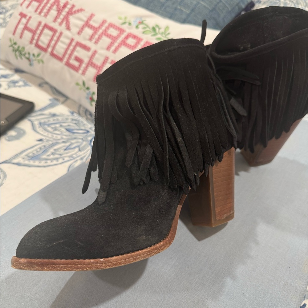 Fringed Black Suede Ankle Boots
